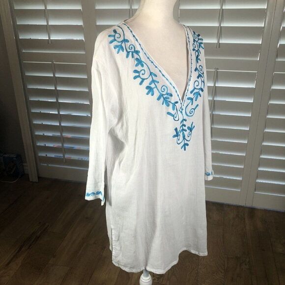 Just Bee White Beach Top Swim Cover L 100% Cotton Gauze 3/4 Sleeve Turquoise - Picture 8 of 12